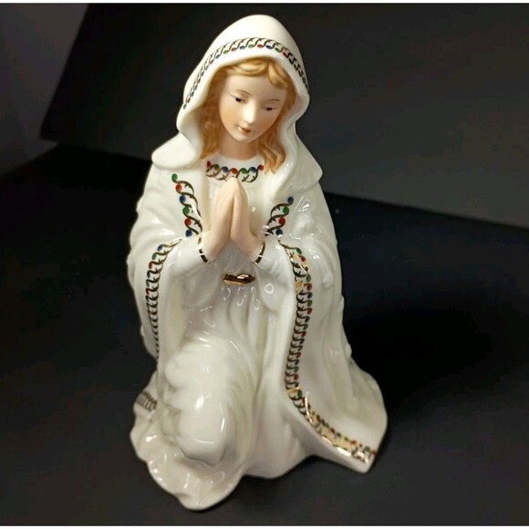 Baby Jesus Mary Joseph Porcelain Nativity 3 Piece Scene White Gold Holiday Decor - Picture 3 of 16